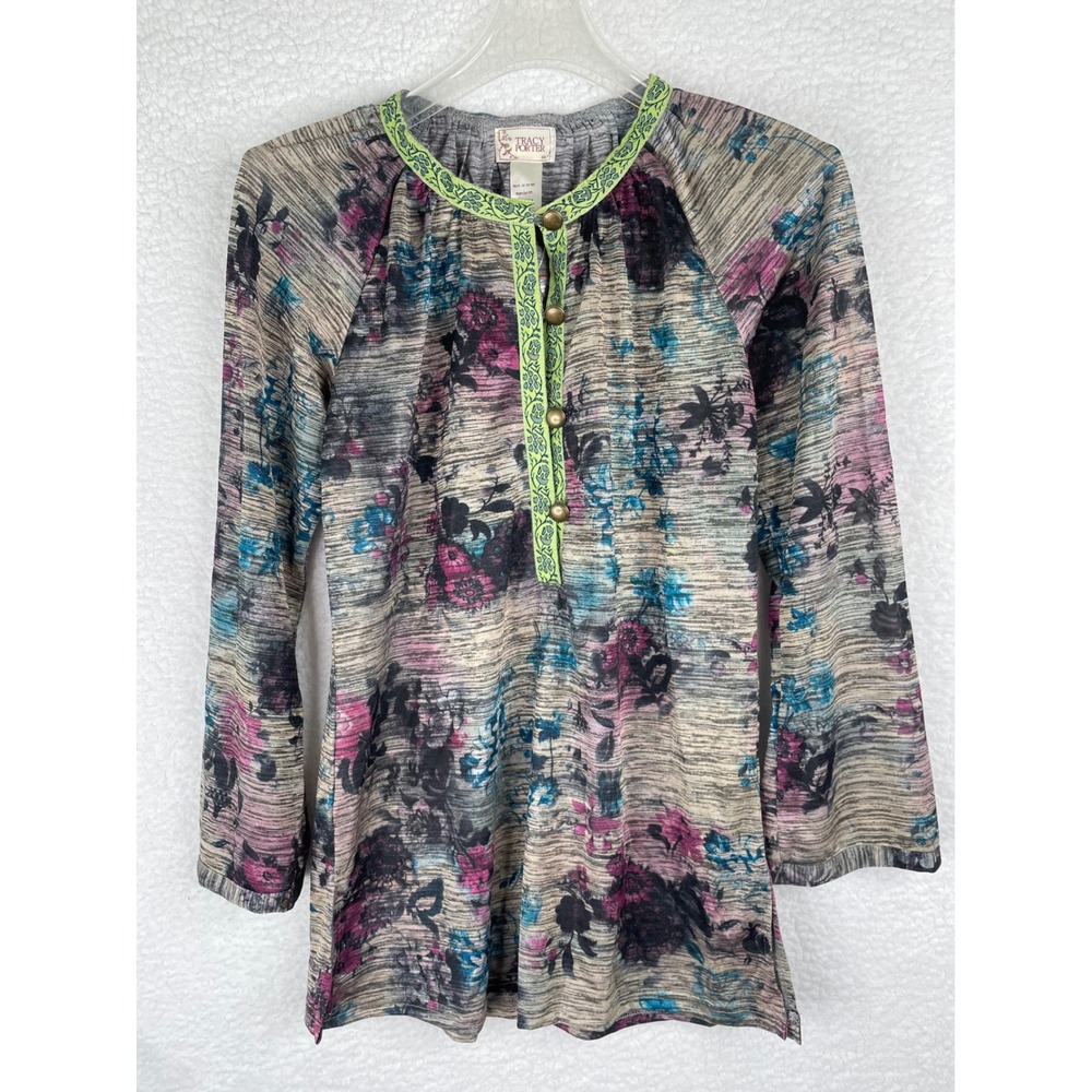 Tracy Porter Floral Tunic Top Womens Small 4-6 Gray Blue Purple Embroidered Trim